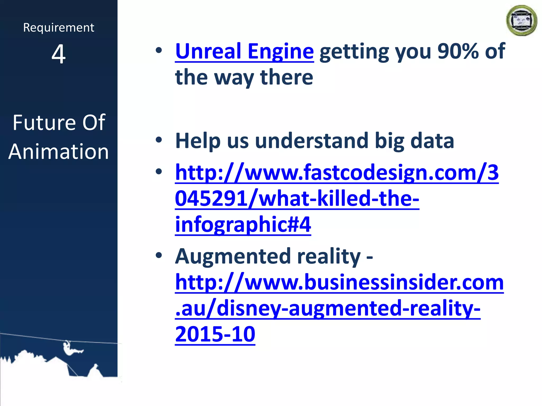 • Unreal Engine getting you 90% of
the way there
• Help us understand big data
• http://www.fastcodesign.com/3
045291/what-killed-the-
infographic#4
• Augmented reality -
http://www.businessinsider.com
.au/disney-augmented-reality-
2015-10
Requirement
4
Future Of
Animation
 