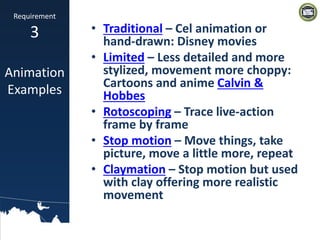 • Traditional – Cel animation or
hand-drawn: Disney movies
• Limited – Less detailed and more
stylized, movement more choppy:
Cartoons and anime Calvin &
Hobbes
• Rotoscoping – Trace live-action
frame by frame
• Stop motion – Move things, take
picture, move a little more, repeat
• Claymation – Stop motion but used
with clay offering more realistic
movement
Requirement
3
Animation
Examples
 