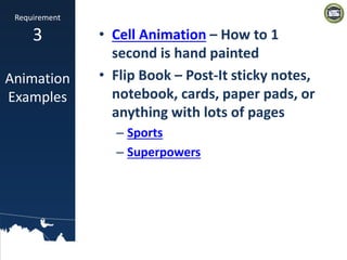 • Cell Animation – How to 1
second is hand painted
• Flip Book – Post-It sticky notes,
notebook, cards, paper pads, or
anything with lots of pages
– Sports
– Superpowers
Requirement
3
Animation
Examples
 