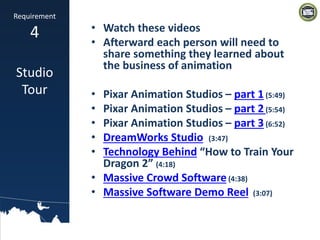 • Watch these videos
• Afterward each person will need to
share something they learned about
the business of animation
• Pixar Animation Studios – part 1(5:49)
• Pixar Animation Studios – part 2(5:54)
• Pixar Animation Studios – part 3(6:52)
• DreamWorks Studio (3:47)
• Technology Behind “How to Train Your
Dragon 2” (4:18)
• Massive Crowd Software(4:38)
• Massive Software Demo Reel (3:07)
Requirement
4
Studio
Tour
 