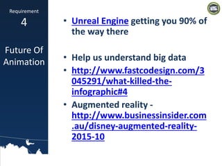 • Unreal Engine getting you 90% of
the way there
• Help us understand big data
• http://www.fastcodesign.com/3
045291/what-killed-the-
infographic#4
• Augmented reality -
http://www.businessinsider.com
.au/disney-augmented-reality-
2015-10
Requirement
4
Future Of
Animation
 