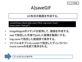 *ソース１を参照



                            A)saveGIF
                       GIF形式の動画を作成する。

    >saveGIF(expr={boot.iid()}, clean=TRUE, img.name="boot",
    movie.name="boot.gif")

•   ImageMagickのコマンドを使用して、動画を作成する。
•   exprで指定した手順でplotした画像を動画にする。
•   img.nameで指定した接頭辞で保存する。
•   ファイルはオプションoutdirで指定したディレクトリに
    movie.nameの名前で保存される。


        ブートストラップのデモ
 