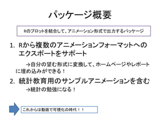 パッケージ概要
  Rのプロットを結合して、アニメーション形式で出力するパッケージ


1. Rから複数のアニメーションフォーマットへの
   エクスポートをサポート
   →自分の望む形式に変換して、ホームページやレポート
 に埋め込みができる！
2. 統計教育用のサンプルアニメーションを含む
   →統計の勉強になる！


  これからは動画で可視化の時代！！
 