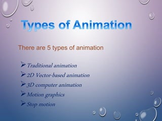 There are 5 types of animation
Traditional animation
2D Vector-based animation
3D computer animation
Motion graphics
Stop motion
 