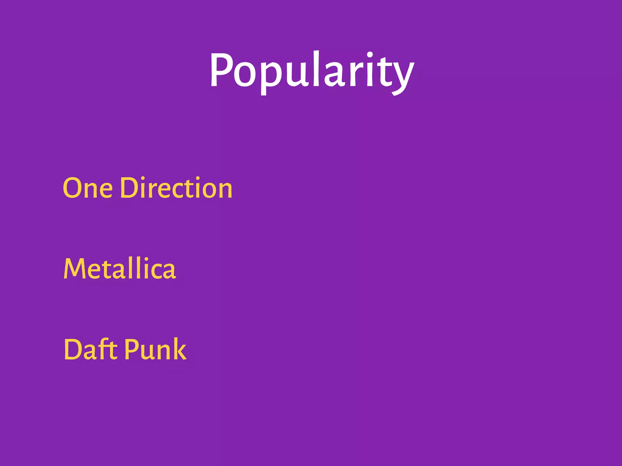 Popularity
One Direction
Metallica
Daft Punk
 