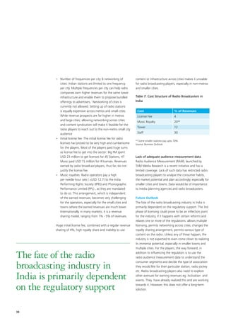 •	 Number of frequencies per city  networking of           content or infrastructure across cities makes it unviable
             cities: Indian stations are limited to one frequency     for radio broadcasting players, especially in non-metros
             per city. Multiple frequencies per city can help radio   and smaller cities.
             companies earn higher revenues for the same tower
             infrastructure and enable them to propose bundled        Table 7: Cost Structure of Radio Broadcasters in
             offerings to advertisers. Networking of cities is        India
             currently not allowed. Setting up of radio stations
             is equally expensive across metros and small cities.      Cost                            % of Revenues
             While revenue prospects are far higher in metros          License Fee                     4
             and large cities; allowing networking across cities       Music Royalty                   20**
             and content syndication will make it feasible for the
                                                                       Tower                           12
             radio players to reach out to the non-metro small city
             audience                                                  Staff                           30
          •	 Initial license fee: The initial license fee for radio
                                                                      ** Some smaller stations pay upto 70%
             licenses has proved to be very high and cumbersome       Source: Business Outlook
             for the players. Most of the players paid huge sums
             as license fee to get into the sector: Big FM spent
             USD 23 million to get licenses for 45 Stations, HT       Lack of adequate audience measurement data
             Music paid USD 15 million for 4 licenses. Revenues       Radio Audience Measurement (RAM), launched by
             earned by radio broadcast players, thus far, do not      TAM Media Research is a recent initiative and has a
             justify the license fee.                                 limited coverage. Lack of such data has restricted radio
          •	 Music royalties: Radio operators pay a high              broadcasting players to analyse the consumer habits,
             per needle hour rate ( USD 12.7) to the India           the market potential and plan accordingly, especially for
             Performing Rights Society (IPRS) and Phonographic        smaller cities and towns. Data would be of importance
             Performance Limited (PPL) , as they are mandated         to media planning agencies and radio broadcasters.
             to do so. This arrangement, which is independent
             of the earned revenues, becomes very challenging         Future Outlook
             for the operators, especially for the small cities and   The fate of the radio broadcasting industry in India is
             towns where the earned revenues are much lower.          primarily dependent on the regulatory support. The 3rd
             Internationally, in many markets, it is a revenue        phase of licensing could prove to be an inflection point
             sharing model, ranging from 1% - 5% of revenues.         for the industry, if it happens with certain reforms and
                                                                      relaxes one or more of the regulations: allows multiple
          Huge initial license fee, combined with a regular revenue   licensing, permits networking across cities, changes the
          sharing of 4%, high royalty share and inability to use      royalty sharing arrangement, permits various type of
                                                                      content on the radio. Unless any of these happen, the
                                                                      industry is not expected to even come closer to realizing
                                                                      its immense potential, especially in smaller towns and
                                                                      multiple cities. For the players, the way forward, in

The fate of the radio                                                 addition to influencing the regulators is to use the
                                                                      radio audience measurement data to understand the


broadcasting industry in
                                                                      consumer segments and decide the type of association
                                                                      they would like for their particular station, radio jockey
                                                                      etc. Radio broadcasting players also need to explore

India is primarily dependent                                          other avenues for earning revenues eg. Activation and
                                                                      events. They have already realized this and are working

on the regulatory support                                             towards it. However, this does not offer a long-term
                                                                      solution.




34
 