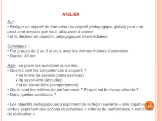 ATELIER
But :
• Rédiger un objectif de formation (ou objectif pédagogique global) pour une
prochaine session que vous allez avoir à animer
• et le décliner en objectifs pédagogiques intermédiaires
Consignes :
• Par groupe de 2 ou 3 si vous avez les mêmes thèmes d’animation.
• Durée : 45 mn
Aide : se poser les questions suivantes :
• Quelles sont les compétences à acquérir ?
en terme de savoirs(connaissances)
de savoir-être (attitudes)
et de savoir-faire (comportement)
• Quels sont les critères de performance ? Et quel est le niveau attendu ?
• Dans quelles conditions ?
• Les objectifs pédagogiques s’expriment de la façon suivante « être capable de +
verbes exprimant des actions observables + critères de performance + conditions
de réalisation ».
21
 