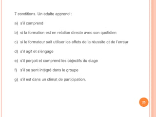 7 conditions. Un adulte apprend :
a) s’il comprend
b) si la formation est en relation directe avec son quotidien
c) si le formateur sait utiliser les effets de la réussite et de l’erreur
d) s’il agit et s’engage
e) s’il perçoit et comprend les objectifs du stage
f) s’il se sent intégré dans le groupe
g) s’il est dans un climat de participation.
25
 