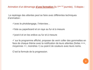Animation d’un démarrage d’une formation (la 1ère 1/2 journée), 5 étapes :
Le repérage des attentes peut se faire avec différentes techniques
d’animation :
avec le photolangage, l’interview…
liste au paperboard et on raye au fur et à mesure
post-it et on les enlève au fur et à mesure
 sur le programme affiché, proposer de venir coller des gommettes en
face de chaque thème avec la notification de leurs attentes (fortes +++,
moyennes ++, moindres +) ou post-it de couleurs avec leurs noms.
C’est la formule de la progression.
8
 