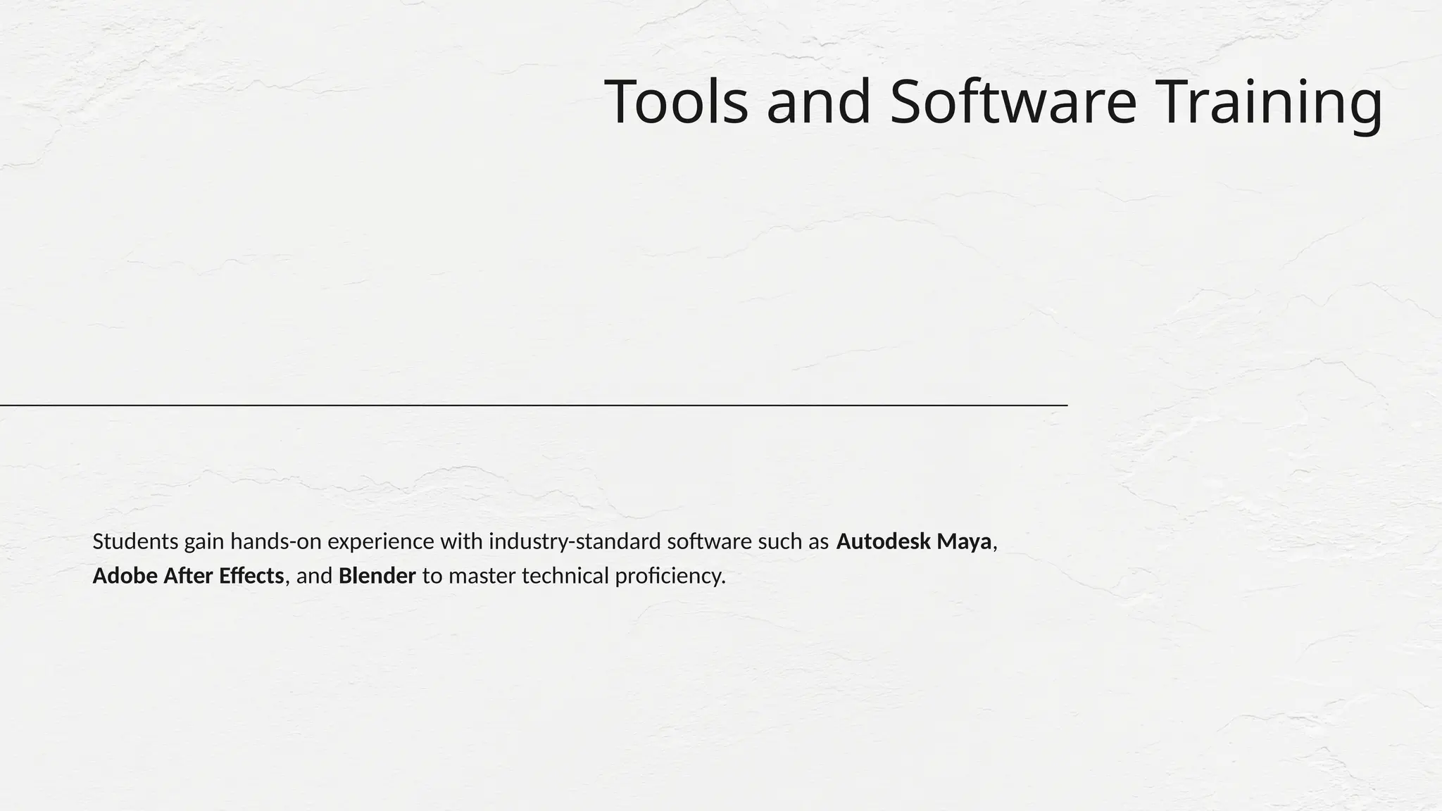 Tools and Software Training
Students gain hands-on experience with industry-standard software such as Autodesk Maya,
Adobe After Effects, and Blender to master technical proficiency.
 
