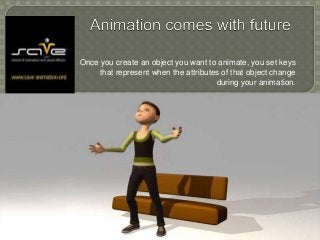 Once you create an object you want to animate, you set keys 
that represent when the attributes of that object change 
during your animation. 
 