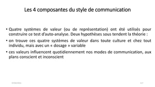 Les 4 composantes du style de communication
• Quatre systèmes de valeur (ou de représentation) ont été utilisés pour
const...