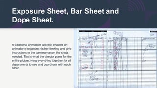 Exposure Sheet, Bar Sheet and
Dope Sheet.
A traditional animation tool that enables an
animator to organize his/her thinking and give
instructions to the cameraman on the shots
needed. This is what the director plans for the
entire picture, tying everything together for all
departments to see and coordinate with each
other.
 