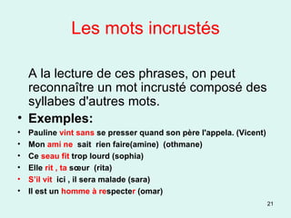 Les mots incrustés A la lecture de ces phrases, on peut reconnaître un mot incrusté composé des syllabes d'autres mots.  Exemples:   Pauline  vint sans  se presser quand son père l'appela. (Vicent) Mon  ami ne  sait  rien faire(amine)  (othmane) Ce  seau fit  trop lourd (sophia) Elle  rit , ta  sœur  (rita) S’il vit  ici   , il sera malade (sara) Il est un  homme à re specte r  (omar) 