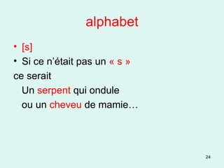 alphabet [s] Si ce n’était pas un  « s » ce serait  Un  serpent  qui ondule ou un  cheveu  de mamie… 