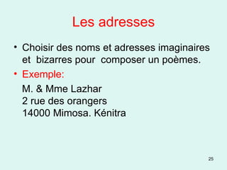 Les adresses Choisir des noms et adresses imaginaires et  bizarres pour  composer un poèmes. Exemple: M. & Mme Lazhar 2 rue des orangers  14000 Mimosa. Kénitra  