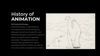 History of
ANIMATION
1914 Gertie the Dinosaur
Gertie the Dinosaur is a 1914 American
animated short ﬁlm by Windsor McCay.
Although not the ﬁrst animated ﬁlm, as is
sometimes thought, it was the ﬁrst cartoon to
feature a character with an appealing
personality. The appearance of a true
character distinguished it from earlier
animated "trick ﬁlms”. The ﬁlm was also the
ﬁrst to be created using keyframe animation.
 