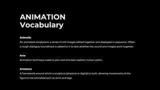ANIMATION
Vocabulary
Animatic
An animated storyboard; a series of still images edited together and displayed in sequence. Often,
a rough dialogue/soundtrack is added to it to test whether the sound and images work together.
Arcs
Animation technique used to plan and simulate realistic motion paths.
Armature
A framework around which a sculpture (physical or digital) is built, allowing movements of the
figure to be animated such as arms and legs.
 