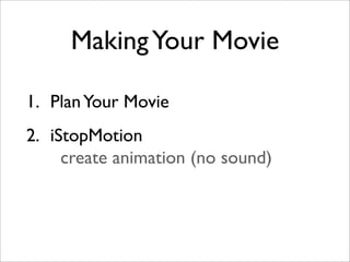 Making Your Movie

1. Plan Your Movie
2. iStopMotion
     create animation (no sound)
 