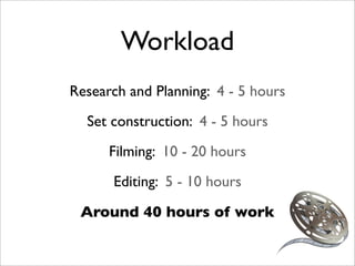 Workload
Research and Planning: 4 - 5 hours
  Set construction: 4 - 5 hours
      Filming: 10 - 20 hours
      Editing: 5 - 10 hours

 Around 40 hours of work
 