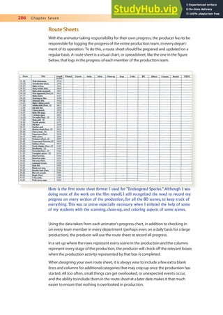 206 Chapter Seven
Route Sheets
With the animator taking responsibility for their own progress, the producer has to be
responsible for logging the progress of the entire production team, in every depart-
ment of its operation. To do this, a route sheet should be prepared and updated on a
regular basis. A route sheet is a visual chart, or spreadsheet, like the one in the igure
below, that logs in the progress of each member of the production team.
Using the data taken from each animator’s progress chart, in addition to checking in
on every team member in every department (perhaps even on a daily basis for a large
production), the producer will use the route sheet to record all progress.
In a set-up where the rows represent every scene in the production and the columns
represent every stage of the production, the producer will check of the relevant boxes
when the production activity represented by that box is completed.
When designing your own route sheet, it is always wise to include a few extra blank
lines and columns for additional categories that may crop up once the production has
started. All too often, small things can get overlooked, or unexpected events occur,
and the ability to include them in the route sheet at a later date makes it that much
easier to ensure that nothing is overlooked in production.
Here is the first route sheet format I used for “Endangered Species.”Although I was
doing most of the work on the film myself, I still recognized the need to record my
progress on every section of the production, for all the 80 scenes, to keep track of
everything. This was to prove especially necessary when I enlisted the help of some
of my students with the scanning, clean-up, and coloring aspects of some scenes.
 