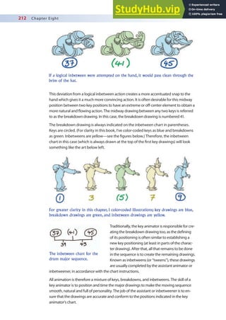 212 Chapter Eight
This deviation from a logical inbetween action creates a more accentuated snap to the
hand which gives it a much more convincing action. It is often desirable for this midway
position between two key positions to have an extreme or of-center element to obtain a
more natural and lowing action. The midway drawing between any two keys is referred
to as the breakdown drawing. In this case, the breakdown drawing is numbered 41.
The breakdown drawing is always indicated on the inbetween chart in parentheses.
Keys are circled. (For clarity in this book, I’ve color-coded keys as blue and breakdowns
as green. Inbetweens are yellow—see the igures below.) Therefore, the inbetween
chart in this case (which is always drawn at the top of the irst key drawings) will look
something like the art below left.
If a logical inbetween were attempted on the hand, it would pass clean through the
brim of the hat.
For greater clarity in this chapter, I color-coded illustrations; key drawings are blue,
breakdown drawings are green, and inbetween drawings are yellow.
The inbetween chart for the
drum major sequence.
Traditionally, the key animator is responsible for cre-
ating the breakdown drawing too, as the deining
of its positioning is often similar to establishing a
new key positioning (at least in parts of the charac-
ter drawing). After that, all that remains to be done
in the sequence is to create the remaining drawings.
Known as inbetweens (or “tweens”), these drawings
are usually completed by the assistant animator or
inbetweener, in accordance with the chart instructions.
All animation is therefore a mixture of keys, breakdowns, and inbetweens. The skill of a
key animator is to position and time the major drawings to make the moving sequence
smooth, natural and full of personality. The job of the assistant or inbetweener is to en-
sure that the drawings are accurate and conform to the positions indicated in the key
animator’s chart.
 