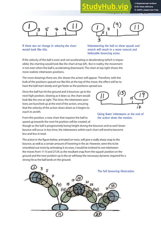 Principles of Animation 219
If the velocity of the ball is even and not accelerating or decelerating (which is impos-
sible), the charting would look like the chart at top left.. But in reality, the movement
is not even when the ball is accelerating downward. The chart at top right shows the
more realistic inbetween positions.
The more drawings there are, the slower the action will appear. Therefore, with the
bulk of the positions spaced out like this at the top of the move, the efect will be to
have the ball start slowly and get faster as the positions spread out.
Once the ball has hit the ground and it bounces up to the
next high position, slowing as it does so, the chart would
look like the one at right. This time, the inbetween posi-
tions are bunched up at the end of the action, ensuring
that the velocity of the action slows down as it begins to
reach its zenith.
From this position, a new chart that requires the ball to
speed up towards the next hit position will be created, al-
though as the ball is progressively losing height during the bounces and as each lower
bounce will occur in less time, the inbetweens within each chart will tend to become
less and less in total.
The action in the igure below, animated on twos, will give a really sharp snap to the
bounce, as well as a certain amount of hovering in the air. However, were this to be
smoothed out more by animating it on ones, I would be inclined to not inbetween
the moves from 11-13 and 27-29, as the resultant snap from the squash position on the
ground and the next position up in the air will keep the necessary dynamic required for a
strong hit as the ball lands on the ground.
If there was no change in velocity, the chart
would look like this.
Inbetweening the ball to show squash and
stretch will result in a more natural and
believable bouncing scene.
Using fewer inbetweens at the end of
the action slows the motion.
The full bouncing illustration.
 