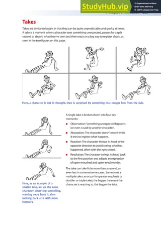 Principles of Animation 259
Takes
Takes are similar to laughs in that they can be quite unpredictable and quirky at times.
A take is a moment when a character sees something unexpected, pauses for a split
second to absorb what they’ve seen and then reacts in a big way to register shock, as
seen in the two igures on this page.
Here, a character is lost in thought, then is surprised by something that nudges him from the side.
Here, as an example of a
smaller take, we see the same
character observing something,
reacting away from it, then
looking back at it with more
intensity.
A single take is broken down into four key
moments:
n Observation: Something unexpected happens
(or even is said by another character).
n Absorption: The character doesn’t move while
it tries to register what happens.
n Reaction: The character throws its head in the
opposite direction to avoid seeing what has
happened, often with the eyes closed.
n Resolution: The character swings its head back
to the irst position and adopts an expression
of open-mouthed and open-eyed wonder.
The take can take little more than a second, or
even less in some extreme cases. Sometimes a
multiple take can occur for greater emphasis (a
double- or triple-take); the bigger the event the
character is reacting to, the bigger the take.
 
