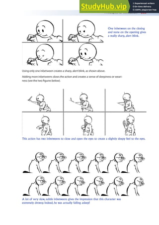 Principles of Animation 263
Using only one inbetween creates a sharp, alert blink, as shown above.
Adding more inbetweens slows the action and creates a sense of sleepiness or weari-
ness (see the two igures below).
One inbetween on the closing
and none on the opening gives
a really sharp, alert blink.
This action has two inbetweens to close and open the eyes to create a slightly sleepy feel to the eyes.
A lot of very slow, subtle inbetweens gives the impression that this character was
extremely drowsy. Indeed, he was actually falling asleep!
 
