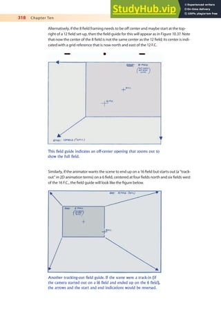 318 Chapter Ten
Alternatively, if the 8 ield framing needs to be of center and maybe start at the top-
right of a 12 ield set-up, then the ield guide for this will appear as in Figure 10.37. Note
that now the center of the 8 ield is not the same center as the 12 ield; its center is indi-
cated with a grid reference that is now north and east of the 12 F.C.
This field guide indicates an off-center opening that zooms out to
show the full field.
Similarly, if the animator wants the scene to end up on a 16 ield but starts out (a “track-
out” in 2D animation terms) on a 6 ield, centered at four ields north and six ields west
of the 16 F.C., the ield guide will look like the igure below.
Another tracking-out field guide. If the scene were a track-in (if
the camera started out on a 16 field and ended up on the 6 field),
the arrows and the start and end indications would be reversed.
 