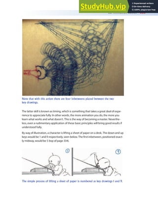 2D Animation Basics 333
The latter skill is known as timing, which is something that takes a great deal of expe-
rience to appreciate fully. In other words, the more animation you do, the more you
learn what works and what doesn’t. This is the way of becoming a master. Neverthe-
less, even a rudimentary application of these basic principles will bring good results if
understood fully.
By way of illustration, a character is lifting a sheet of paper on a desk. The down and up
keys would be 1 and 9 respectively, seen below. The irst inbetween, positioned exact-
ly midway, would be 5 (top of page 334).
Note that with this action there are four inbetweens placed between the two
key drawings.
The simple process of lifting a sheet of paper is numbered as key drawings 1 and 9.
 