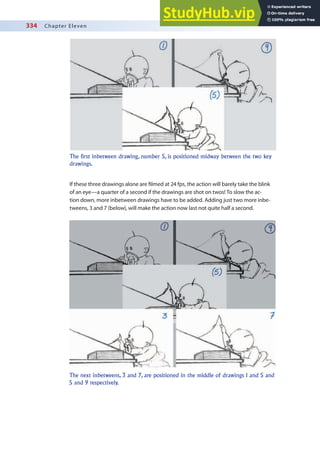 334 Chapter Eleven
If these three drawings alone are ilmed at 24 fps, the action will barely take the blink
of an eye—a quarter of a second if the drawings are shot on twos! To slow the ac-
tion down, more inbetween drawings have to be added. Adding just two more inbe-
tweens, 3 and 7 (below), will make the action now last not quite half a second.
The first inbetween drawing, number 5, is positioned midway between the two key
drawings.
The next inbetweens, 3 and 7, are positioned in the middle of drawings 1 and 5 and
5 and 9 respectively.
 