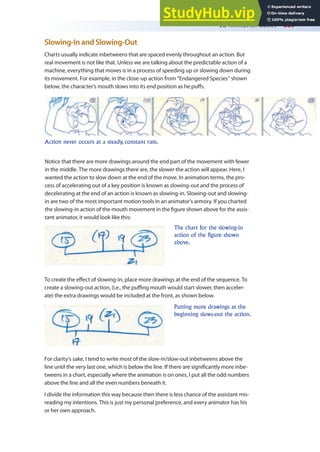 2D Animation Basics 339
Slowing-In and Slowing-Out
Charts usually indicate inbetweens that are spaced evenly throughout an action. But
real movement is not like that. Unless we are talking about the predictable action of a
machine, everything that moves is in a process of speeding up or slowing down during
its movement. For example, in the close-up action from “Endangered Species” shown
below, the character’s mouth slows into its end position as he pufs.
Action never occurs at a steady, constant rate.
Notice that there are more drawings around the end part of the movement with fewer
in the middle. The more drawings there are, the slower the action will appear. Here, I
wanted the action to slow down at the end of the move. In animation terms, the pro-
cess of accelerating out of a key position is known as slowing-out and the process of
decelerating at the end of an action is known as slowing-in. Slowing-out and slowing-
in are two of the most important motion tools in an animator’s armory. If you charted
the slowing-in action of the mouth movement in the igure shown above for the assis-
tant animator, it would look like this:
The chart for the slowing-in
action of the figure shown
above.
To create the efect of slowing-in, place more drawings at the end of the sequence. To
create a slowing-out action, (i.e., the puing mouth would start slower, then acceler-
ate) the extra drawings would be included at the front, as shown below.
Putting more drawings at the
beginning slows-out the action.
For clarity’s sake, I tend to write most of the slow-in/slow-out inbetweens above the
line until the very last one, which is below the line. If there are signiicantly more inbe-
tweens in a chart, especially where the animation is on ones, I put all the odd numbers
above the line and all the even numbers beneath it.
I divide the information this way because then there is less chance of the assistant mis-
reading my intentions. This is just my personal preference, and every animator has his
or her own approach.
 