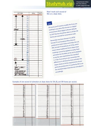2D Animation Basics 351
How I mark each second of
film on a dope sheet.
Examples of one second of animation on dope sheets for 24, 25, and 30 frames per second.
NOTE
Of course,you’ll need to modify this if you are
working in any other film format or a digital
environment.Most digital software defaults
to 29.97 fps but should be taken as 30 fps (30
frames per second) for convenience sake.
Remember too that whereas U.S.(NTSC
format)TV can broadcast films that are
produced on both 30 fps and 24 fps,the U.K.
(PAL format)TV broadcasts at 25 fps,which
means these traditional 35mm dope sheet
markings cannot be applied so easily.Flash
animation for the Web can be set to playback
at any fps rate required but the standard
is 12 fps.So,as long as you remember the
differences in all these formats and tailor the
dopes sheets to fit the requirements of your
particular production,it is perfectly OK to use
the standard dope sheet format and adjust it
accordingly.
 