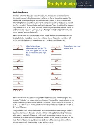 2D Animation Basics 353
AudioBreakdown
The next column is the audio breakdown column. This column contains informa-
tion that the sound editor has supplied—a frame-by-frame phonetic analysis of the
soundtrack, showing exactly on which frame(s) each sound, or word, or music beat
falls. With phonetic breakdowns, the words are not necessarily spelled as they are writ-
ten. For example, if the word being analyzed is “caravan,” then it could well be phoneti-
cally noted as k, aa, rrr, e, v, aa, n. Similarly, “plume” might be broken down as p, l, oo, m
and “carbonate” would be k, ah, b, o, n, ay, t. A sample audio breakdown from “Endan-
gered Species” is shown below left.
If the soundtrack is musical and not dialogue based, then the breakdown column will
display both the music beat (marked as a colored star on the precise frame they fall
upon, as shown below right) as well as the lyrics broken down phonetically.
When broken-down
phonetically, the phrase “Oh,
look!” will appear like this on
the audio column of a dope
sheet.
Colored stars mark the
musical beat.
If the soundtrack is music-based only and has no lyrics, such as with the original mas-
terpiece “Fantasia,” you would need to write down the sound the music makes in terms
that you can recognize and understand. For example, a drum beat could be marked as
D–R–U–M if it took up 11 frames, or a trumpet note could be recorded as T–R–U–M–P–
E–T over 17 frames.
Using diferent color pencils for diferent musical instruments, even as single continu-
ous lines drawn down the audio column, with no written, phonetic interpretation at
all, is another approach. Obviously, a full-length composition for an entire orchestra
cannot be recorded in detail on the narrow, limited column of the dope sheet. But, if at
least the main beats and sounds are recorded, you will have enough timing informa-
tion to choreograph the animation in sync with the music.
 