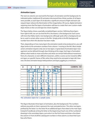 354 Chapter Eleven
AnimationLayers
The next six columns are reserved for ive layers of animation and the background. As
indicated earlier, traditional 2D animators discovered that a inite number of cel layers
were possible, as each layer of cel absorbs a signiicant amount of light and each sub-
sequent layer reduces the illumination of the image below. Of course, digital animators
requiring more that ive layers of animation will have to create their own custom-made
dope sheets or else cut and tape two sheets together.
The igure below shows a partially completed layers section. Deining these layers
from right to left, we can see that the irst, the lowest, is the background. Each scene
will more than likely need a new background, although quite often a background can
be re-used in certain other scenes in the ilm. Simply write in the BG (background)
number here when this decision has been made.
Then, depending on how many layers the animation needs to be produced on, you will
dope (write in) the animation numbers from column 1 moving to the left. Most simple
action animation requires only one or two layers. A great deal of animation layer man-
agement can be deined through clear thinking at this stage. Each layer of animation
deines what needs to move and when and what can remain held without movement.
Parts of a character, or even diferent characters, within a scene can be moved to difer-
ent layers on speciic frames of ilm when they need to be animated or kept still. How-
ever, the best animation keeps held positions and layer juggling to a minimum.
The animation layers for a sample scene.
This igure illustrates three layers of animation, plus the background. The numbers
without any preix on them represent the main animated action. The other two layers,
preixed by the letter S or the letter M are additional layers that relate to the main layer.
Instead of needlessly writing the letter at the beginning of each one of the numbered
drawings in the secondary layers, just write it on the irst frame and draw a line down
the column in front of all the subsequent numbers in that column, to show that it pre-
ixes all of them.
 