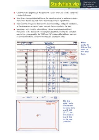 2D Animation Basics 357
n Clearly mark the beginning of the scene with a START arrow and end the scene with
a similar CUT arrow.
n Write down the appropriate ield size at the start of the scene, as well as any camera
instructions that are required, even if it seems obvious (see igure below).
n Make sure that every scene dope sheet is accompanied by a ield guide (see below),
so the cameraman or scanner knows precisely the area required to be seen.
n For greater clarity, consider using diferent colored pencils to write diferent
instructions on the dope sheet. For example, I use a black pencil for the animation
numbering; a blue pencil for the START and CUT points; red for ield size, scanning,
or camera instructions; and brown for the audio breakdown notes.
Always
specify the
field and field
center on
your dope
sheets.
This field
guide clearly
indicates that
the scene starts
as a 12 field
(12 F.C.) and
then tracks-in
to a 10 field
on the same
centerline.
 