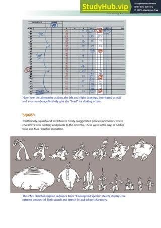 Finessing 2D Animation 371
Squash
Traditionally, squash and stretch were overly exaggerated poses in animation, where
characters were rubbery and pliable to the extreme. These were in the days of rubber
hose and Max Fleischer animation.
Note how the alternative actions, the left and right drawings, interleaved as odd
and even numbers, effectively give the “head” its shaking action.
This Max Fleischer-inspired sequence from “Endangered Species” clearly displays the
extreme amount of both squash and stretch in old-school characters.
 