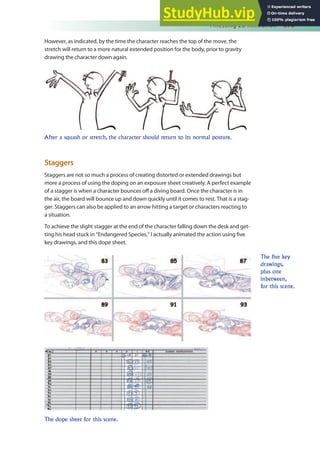 Finessing 2D Animation 373
However, as indicated, by the time the character reaches the top of the move, the
stretch will return to a more natural extended position for the body, prior to gravity
drawing the character down again.
Staggers
Staggers are not so much a process of creating distorted or extended drawings but
more a process of using the doping on an exposure sheet creatively. A perfect example
of a stagger is when a character bounces of a diving board. Once the character is in
the air, the board will bounce up and down quickly until it comes to rest. That is a stag-
ger. Staggers can also be applied to an arrow hitting a target or characters reacting to
a situation.
To achieve the slight stagger at the end of the character falling down the desk and get-
ting his head stuck in “Endangered Species,” I actually animated the action using ive
key drawings, and this dope sheet.
After a squash or stretch, the character should return to its normal posture.
The five key
drawings,
plus one
inbetween,
for this scene.
The dope sheet for this scene.
 