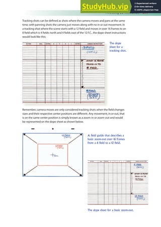 Finessing 2D Animation 377
Tracking shots can be deined as shots where the camera moves and pans at the same
time; with panning shots the camera just moves along with no in or out movement. In
a tracking shot where the scene starts with a 12 ield and moves in over 16 frames to an
8 ield which is 4 ields north and 4 ields east of the 12 F.C., the dope sheet instructions
would look like this:
The dope
sheet for a
tracking shot.
Remember, camera moves are only considered tracking shots when the ield changes
sizes and their respective center positions are diferent. Any movement, in or out, that
is on the same center position is simply known as a zoom-in or zoom-out and would
be represented on the dope sheet as shown below.
A field guide that describes a
basic zoom-out over 16 frames
from a 6 field to a 12 field.
The dope sheet for a basic zoom-out.
 