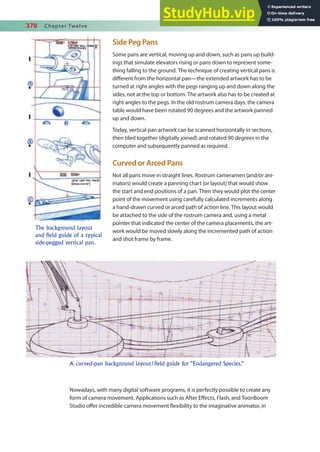 378 Chapter Twelve
Side Peg Pans
Some pans are vertical, moving up and down, such as pans up build-
ings that simulate elevators rising or pans down to represent some-
thing falling to the ground. The technique of creating vertical pans is
diferent from the horizontal pan—the extended artwork has to be
turned at right angles with the pegs ranging up and down along the
sides, not at the top or bottom. The artwork also has to be created at
right angles to the pegs. In the old rostrum camera days, the camera
table would have been rotated 90 degrees and the artwork panned
up and down.
Today, vertical pan artwork can be scanned horizontally in sections,
then tiled together (digitally joined) and rotated 90 degrees in the
computer and subsequently panned as required.
Curved or Arced Pans
Not all pans move in straight lines. Rostrum cameramen (and/or ani-
mators) would create a panning chart (or layout) that would show
the start and end positions of a pan. Then they would plot the center
point of the movement using carefully calculated increments along
a hand-drawn curved or arced path of action line. This layout would
be attached to the side of the rostrum camera and, using a metal
pointer that indicated the center of the camera placements, the art-
work would be moved slowly along the incremented path of action
and shot frame by frame.
Nowadays, with many digital software programs, it is perfectly possible to create any
form of camera movement. Applications such as After Efects, Flash, and ToonBoom
Studio ofer incredible camera movement lexibility to the imaginative animator, in
The background layout
and field guide of a typical
side-pegged vertical pan.
A curved-pan background layout/field guide for “Endangered Species.”
 