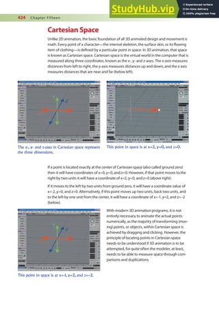 424 Chapter Fifteen
Cartesian Space
Unlike 2D animation, the basic foundation of all 3D animated design and movement is
math. Every point of a character—the internal skeleton, the surface skin, or its lowing
item of clothing—is deined by a particular point in space. In 3D animation, that space
is known as Cartesian space. Cartesian space is the virtual world in the computer that is
measured along three coordinates, known as the x-, y- and z-axes. The x-axis measures
distances from left to right, the y-axis measures distances up and down, and the z-axis
measures distances that are near and far (below left).
If a point is located exactly at the center of Cartesian space (also called ground zero)
then it will have coordinates of x=0, y=0, and z=0. However, if that point moves to the
right by two units it will have a coordinate of x=2, y=0, and z=0 (above right).
If it moves to the left by two units from ground zero, it will have a coordinate value of
x=-2, y=0, and z=0. Alternatively, if this point moves up two units, back two units, and
to the left by one unit from the center, it will have a coordinate of x=-1, y=2, and z=–2
(below).
With modern 3D animation programs, it is not
entirely necessary to animate the actual points
numerically, as the majority of transforming (mov-
ing) points, or objects, within Cartesian space is
achieved by dragging and clicking. However, the
principle of locating points in Cartesian space
needs to be understood if 3D animation is to be
attempted, for quite often the modeler, at least,
needs to be able to measure space through com-
parisons and duplications.
The x-, y- and z-axes in Cartesian space represent
the three dimensions.
This point in space is at x=2, y=0, and z=0.
This point in space is at x=-1, y=2, and z=–2.
 