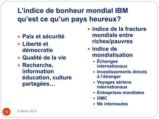 L’indice de bonheur mondial IBM
qu’est ce qu’un pays heureux?
G Bertin 201516
 Paix et sécurité
 Liberté et
démocratie
 Qualité de la vie
 Recherche,
information
éducation, culture
partagées…
 indice de la fracture
mondiale entre
riches/pauvres
 indice de
mondialisation
 Échanges
internationaux
 Investissements directs
à l’étranger
 Voyages aériens
internationaux
 Entreprises mondiales
 OMC
 Nb internautes
 