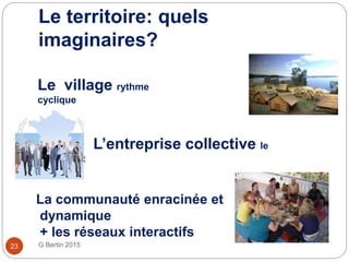 Le territoire: quels
imaginaires?
G Bertin 201523
Le village rythme
cyclique
L’entreprise collective le
projet
La communauté enracinée et
dynamique
+ les réseaux interactifs
 