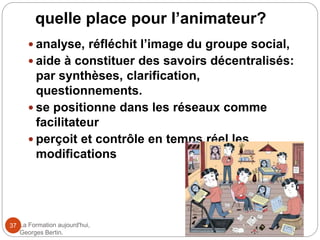 quelle place pour l’animateur?
La Formation aujourd'hui,
Georges Bertin.
37
 analyse, réfléchit l’image du groupe social,
 aide à constituer des savoirs décentralisés:
par synthèses, clarification,
questionnements.
 se positionne dans les réseaux comme
facilitateur
 perçoit et contrôle en temps réel les
modifications
 