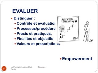 EVALUER
La Formation aujourd'hui, Georges
Bertin.52
 Distinguer :
 Contrôle et évaluation
 Processus/procédures
 Praxis et pratiques,
 Finalités et objectifs
 Valeurs et prescriptions
Empowerment
 