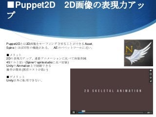 ■Puppet2D 2D画像の表現力アッ
プ
Puppet2Dとは2D画像をモーフィングさせることができるAsset。
Spineとほぼ同等の機能がある。 AEのパペットツールに近い。
■メリット
2Dの表現力アップ、連番アニメーションに比べて容量削減
45ドルと安い(Spineやspritestudioに比べ安価)
UnityのAinmation上で制御できる
操作が簡単(教育コストが低い)
■デメリット
Unity以外に転用できない。
 