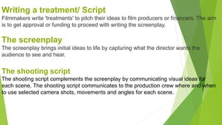 Writing a treatment/ Script
Filmmakers write 'treatments' to pitch their ideas to film producers or financers. The aim
is to get approval or funding to proceed with writing the screenplay.
The screenplay
The screenplay brings initial ideas to life by capturing what the director wants the
audience to see and hear.
The shooting script
The shooting script complements the screenplay by communicating visual ideas for
each scene. The shooting script communicates to the production crew where and when
to use selected camera shots, movements and angles for each scene.
 