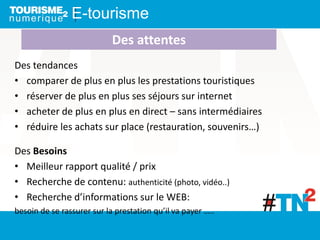 Des tendances
• comparer de plus en plus les prestations touristiques
• réserver de plus en plus ses séjours sur internet
• acheter de plus en plus en direct – sans intermédiaires
• réduire les achats sur place (restauration, souvenirs…)
E-tourisme
Des Besoins
• Meilleur rapport qualité / prix
• Recherche de contenu: authenticité (photo, vidéo..)
• Recherche d’informations sur le WEB:
besoin de se rassurer sur la prestation qu’il va payer …..
Des attentes
 