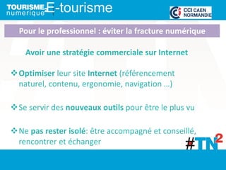 E-tourisme
Avoir une stratégie commerciale sur Internet
Optimiser leur site Internet (référencement
naturel, contenu, ergonomie, navigation …)
Se servir des nouveaux outils pour être le plus vu
Ne pas rester isolé: être accompagné et conseillé,
rencontrer et échanger
Pour le professionnel : éviter la fracture numérique
 